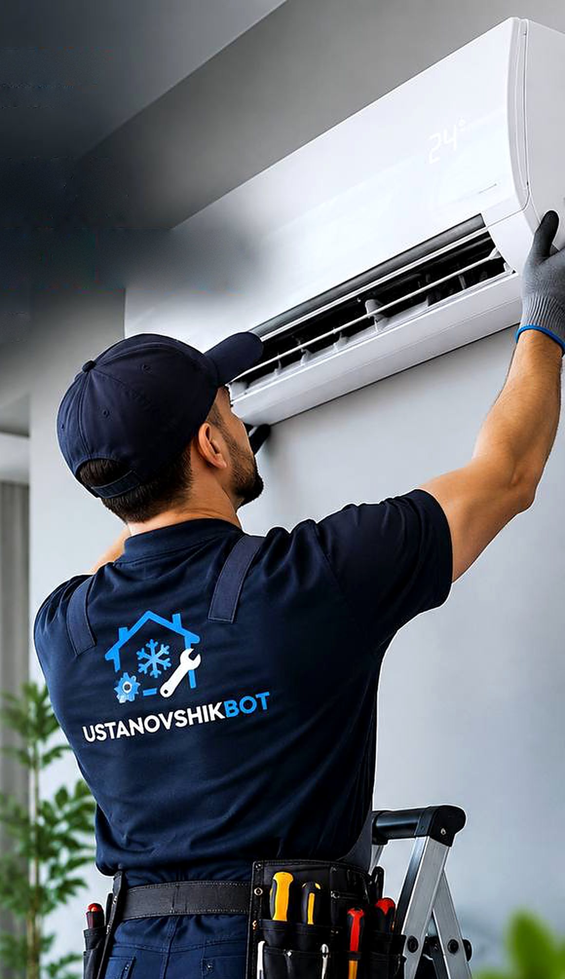 Ustanovshikbot ustasi split-tizim oʻrnatmoqda
